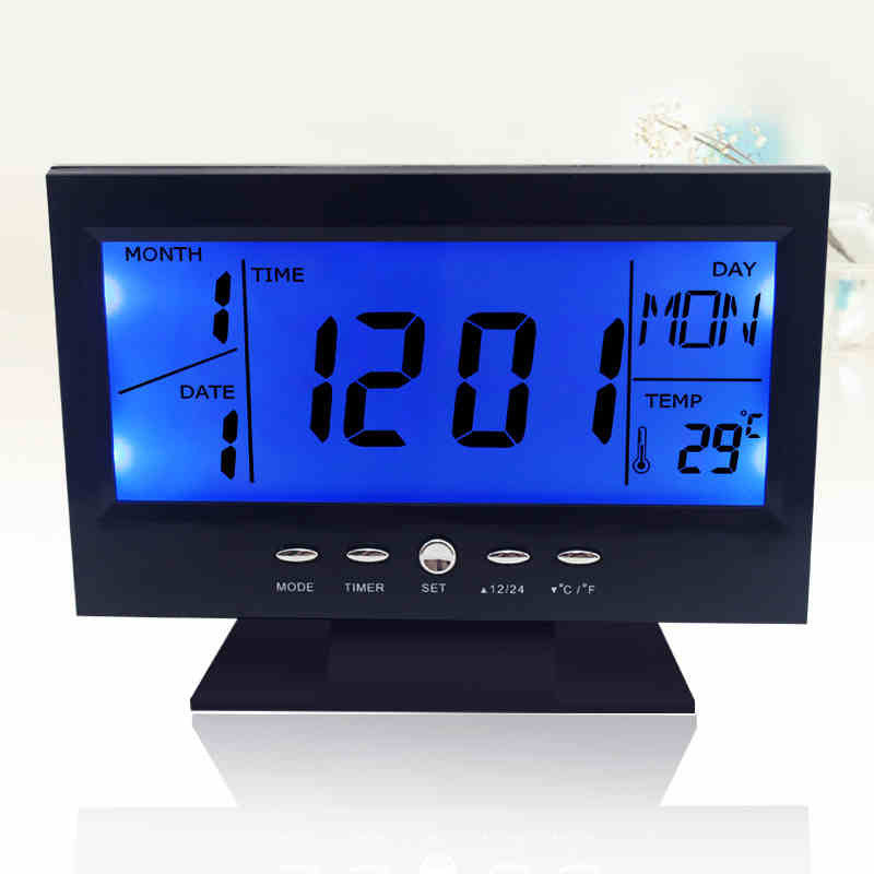 Voice Control Back-light LCD Alarm Clock Weather Monitor Calendar With Timer Sound Sensor Temperatur