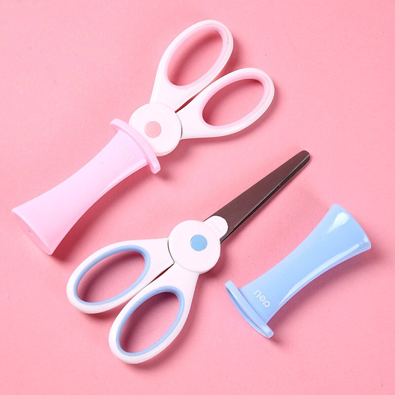 Deli 6065 Cute Kawaii Cartoon Rabbit Shape Scissors Paper Cutter Portable Students Scissors Safe Scissors DIY Hand Craft Cutting Tools with Protective Cover