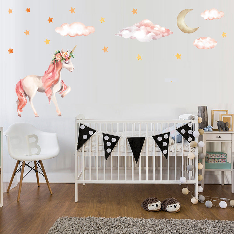 Pink Horse Cloudy Sky Wall Stickers Romantic Lovely Diy Sticker Moon Star Wall Sticker