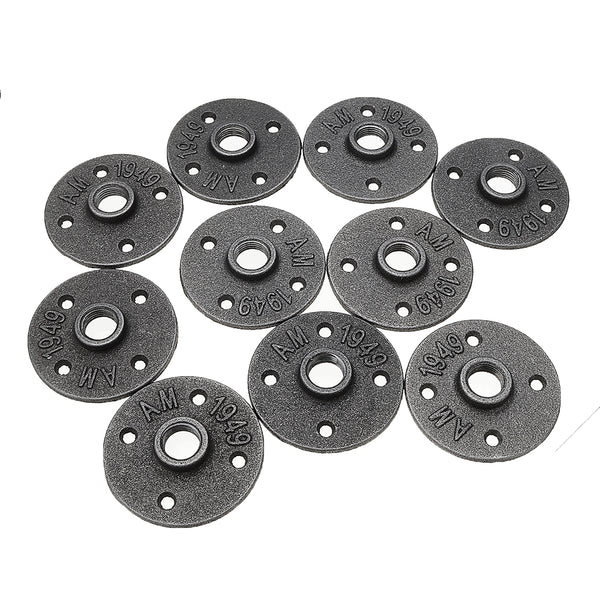 10Pcs/Set 1/2" 3/4" 1" Malleable Cast Iron Floor Flange Plates 4 Holes Black Pipes Fittings Industrial Pipe Furniture Wall Mount DIY Decor