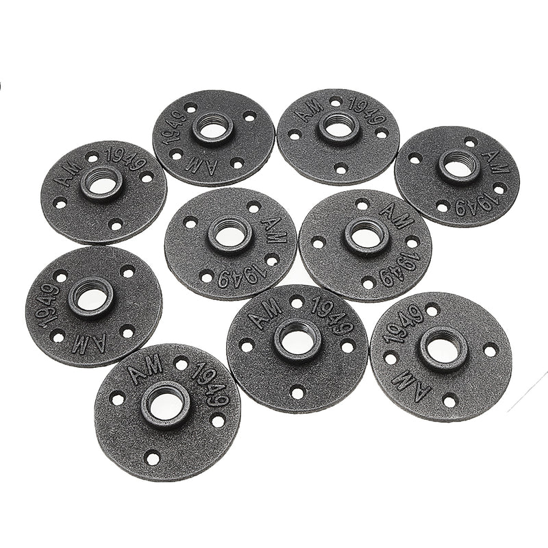 10Pcs/Set 1/2" 3/4" 1" Malleable Cast Iron Floor Flange Plates 4 Holes Black Pipes Fittings Industrial Pipe Furniture Wall Mount DIY Decor