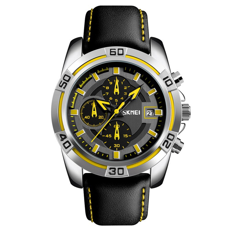 SKMEI 9156 Sport Watch Chronograph Leather Strap Waterproof Men Quartz Wrist Watch