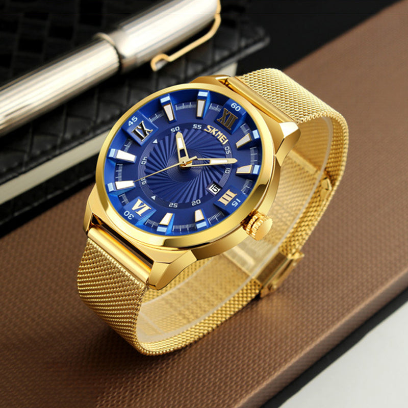 SKMEI 9166 Business Gold Stainless Steel Strap Date Display Waterproof Men Watch Quartz Watch