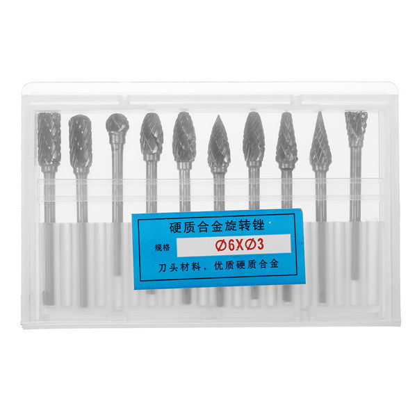 10pcs 3mm Shank Double Lines Tungsten Steel Carbide Burr Set 6mm Head Rotary Drill Bit