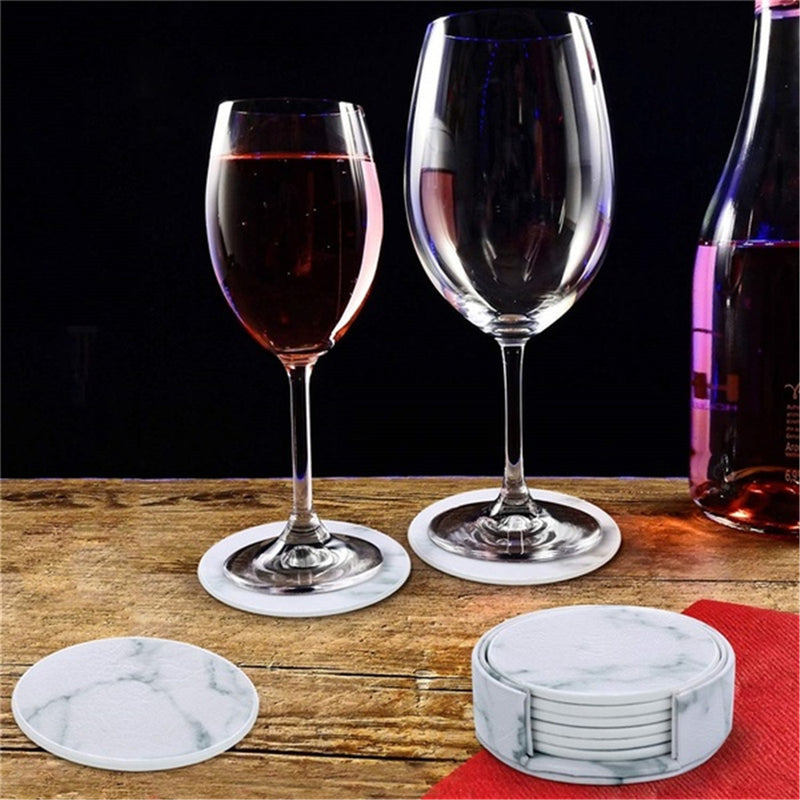 6Pcs Marble Cup Coaster Round Leather Heat Insulation Mat for Kitchen Table Home