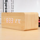 Digital LED Wooden Desk Alarm Clock With Thermometer Voice Control