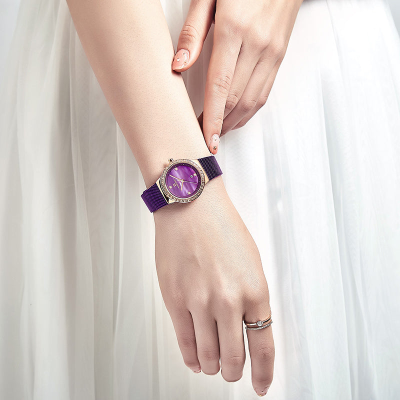 NAVIFORCE 5005 Diamonds Casual Style Ladies Wrist Watch Mesh Steel Date Display Quartz Watch