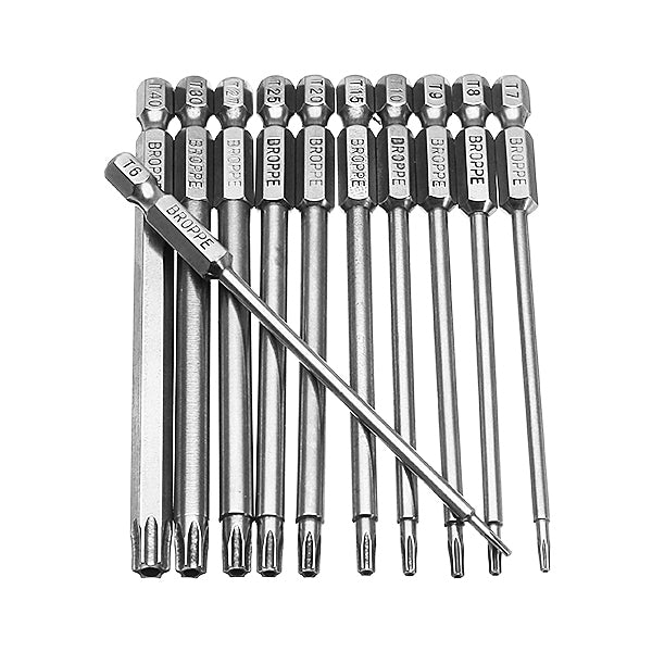 Broppe 11pcs T6-T40 100mm Magnetic Torx Screwdriver Bits 1/4 Inch Hex Shank