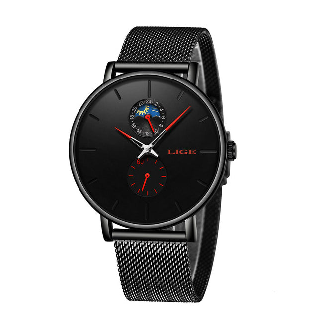 LIGE 9955 Moon Phase Date Display Ladies Wrist Watch Waterproof Full Steel Quartz Watch