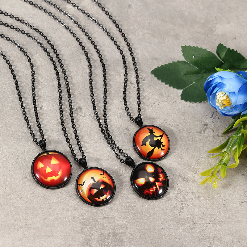 Halloween Pumpkin Witch Necklacee Cute Chain Time Gem Glass Pendant Necklacee