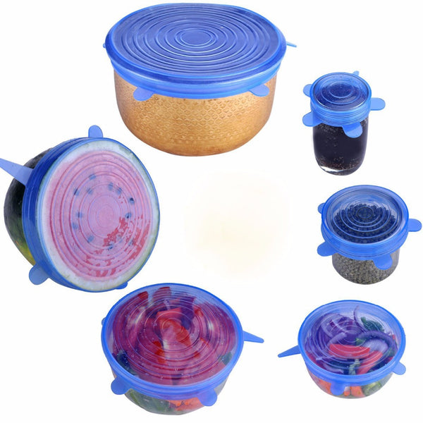6PCS Silicone Microwave Freezer Fresh Covers Bowl Pan Stretch Spill Lid Stopper Cover Can Opener
