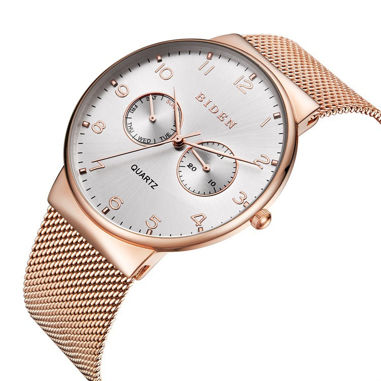 BIDEN BD0047 Ultra Thin Casual Style Men Wrist Watch Week Display Mesh Steel Quartz Watch