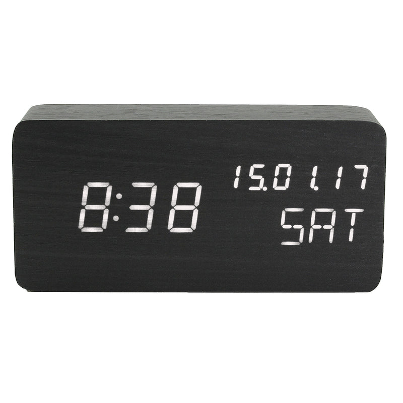 Wooden LED Digital Alarm Clock Dual Voice Control Calendar Thermometer