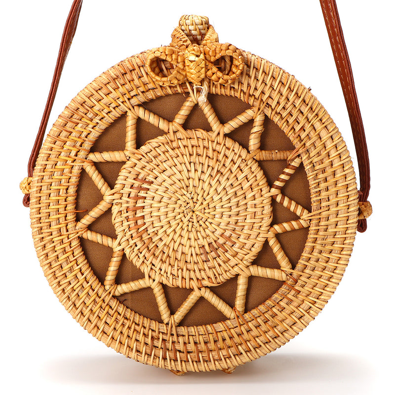 Women's Beach Handwoven Round Rattan Bag Straw Pattern Handbags Crossbody Tote