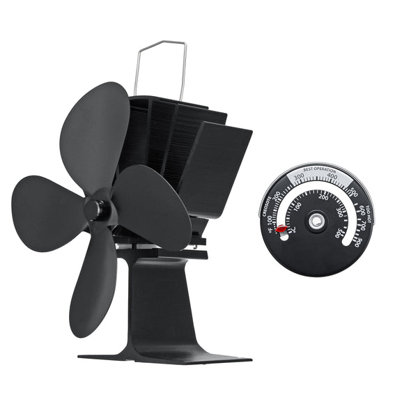 4 Blades Heat Powered Stove Fireplace Fan W/ Thermometer for Wood Log Burning Burner Stove