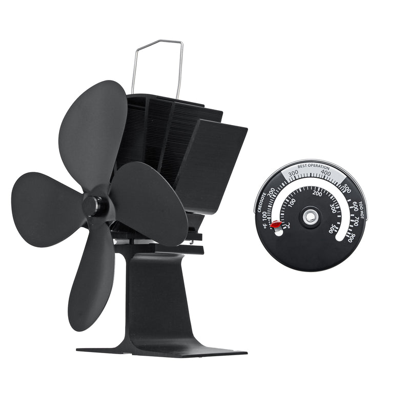 4 Blades Heat Powered Stove Fireplace Fan W/ Thermometer for Wood Log Burning Burner Stove