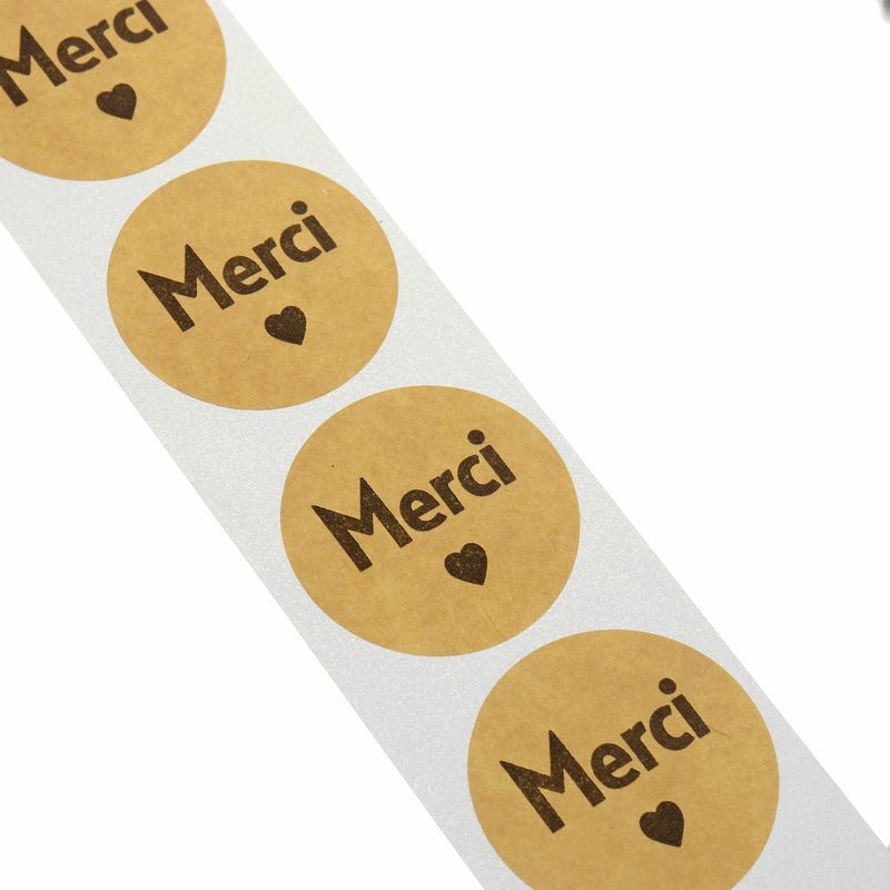 500Pcs/Set French Merci Stickers Roll Kraft Paper Round Sealing Commercial Labels