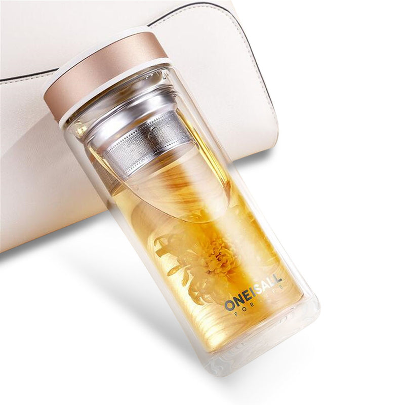 Large Capacity Glass Water Bottle Double Walled Travel Mug Portable Convenient Cup with Tea Infuser
