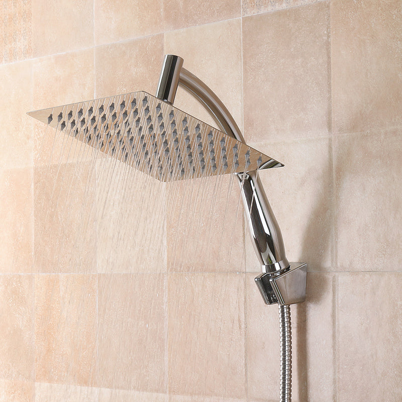 Square 8 Inch Rainfall Shower Head Extension with Shower Arm Hose Kit Overhead
