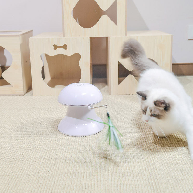 Loskii Pet Laser Cat Toys Feather Ribbon Laser Electric Cat Toy Turntable USB Charging