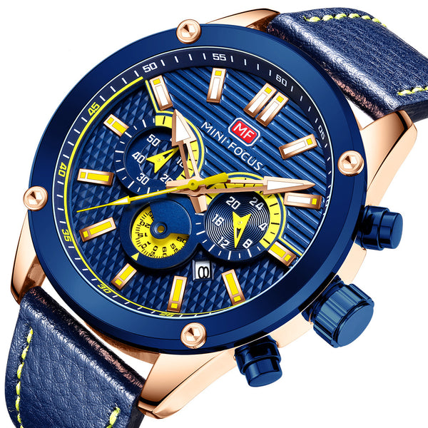 MINIFOCUS 0288G Fashion Business Men Watch Waterproof Luminous Leather Strap Quartz Watch