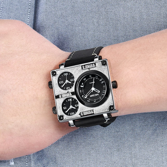 MEGIR 2069 Square Dial Multi Time Zone Genuine Leather Retro Fashion Men Watch Quartz Watch