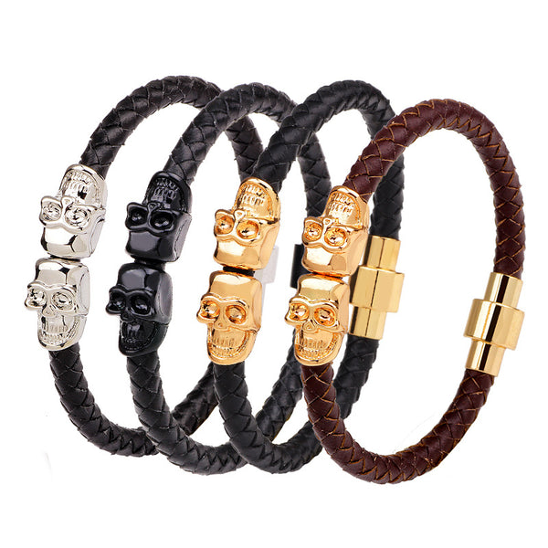 Retro Gold Men's Skull Bangle Bracelet Multicolor Leather Chain Bracelets