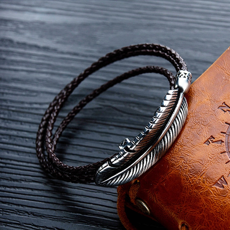 Titanium Steel Men's Feather Multi-layer Stainless Steel Braided Leather Bracelet