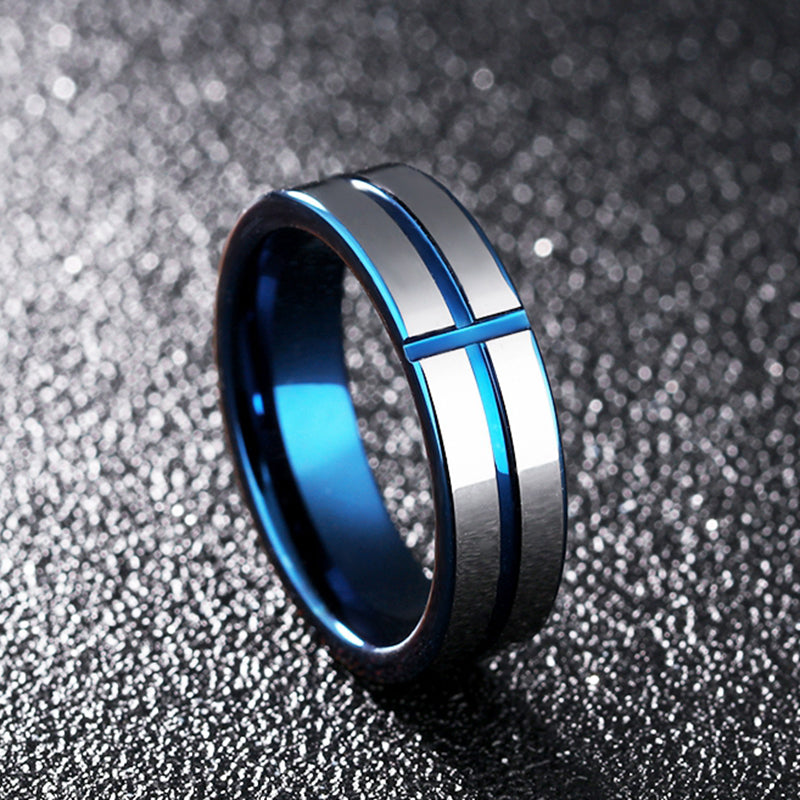 6mm Tungsten Steel Men Ring Blue Cross Simple Trendy Jewelry