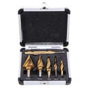 Drillpro 6pcs 1/8 to 1-3/8 Inch Upgrade Step Drill Titanium Spiral Grooved Step Drill Bit Set with Automatic Center Punch and Aluminum Case