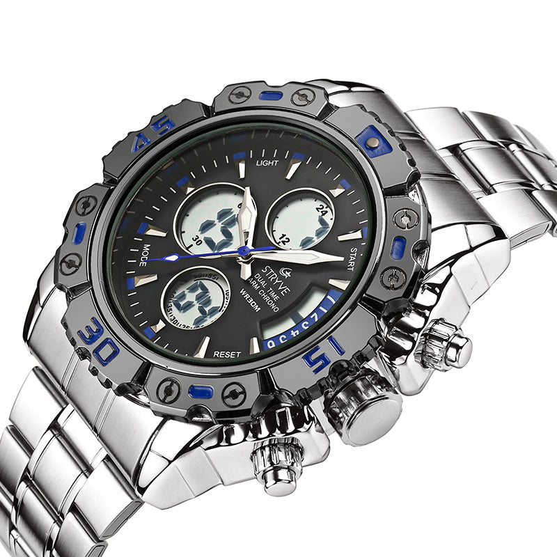 STRYVE S8018 Men Full Steel Waterproof Date Week Chrono Alarm Clock Dual Display Digital Watch
