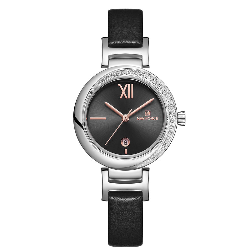 NAVIFORCE 5007 Crystal Casual Style Date Display Women Watch Leather Strap Quartz Watch