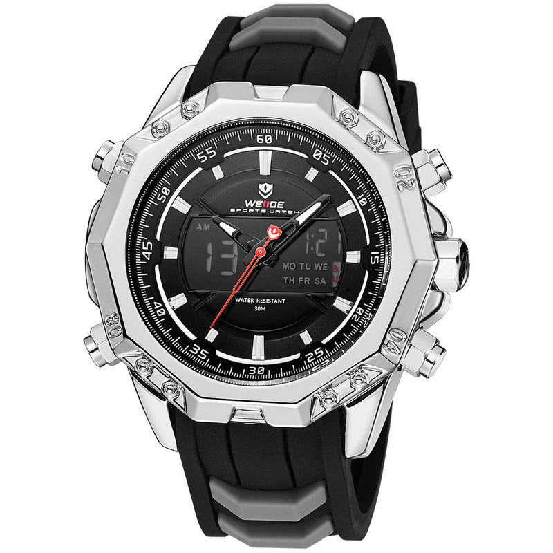 WEIDE 6406 Dual Display Digital Watch Calendar Alarm Luminous Watch Silver Case Men Sport Watch
