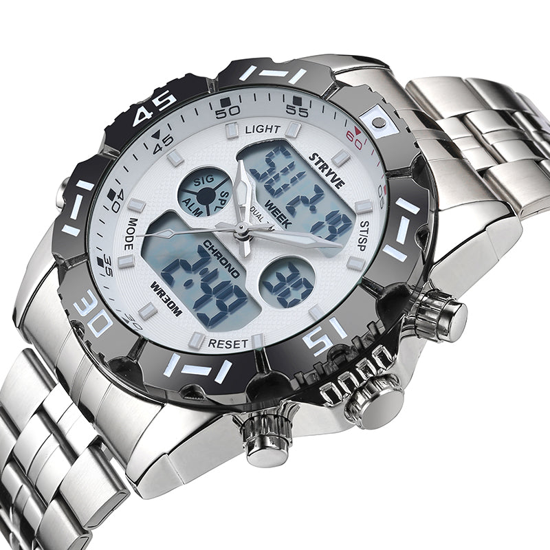 STRYVE S8011 Chronograph Alarm Calendar Stainless Steel Sport Dual Display Digital Watch