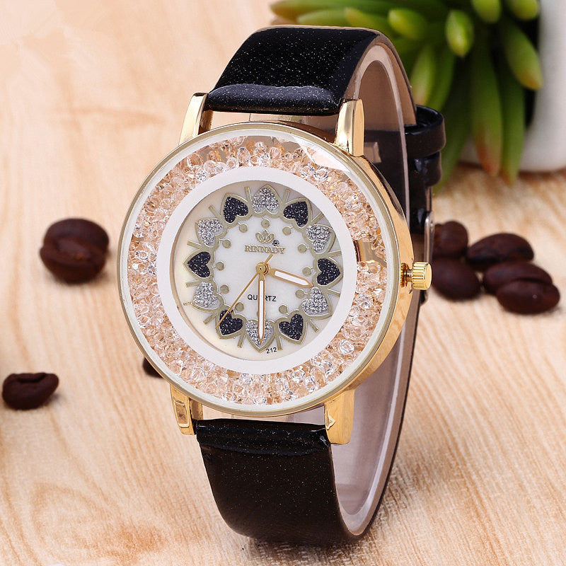 Crystal Shining Dress Ladies Watch Rose Gold Case Leather Strap Quartz Watches