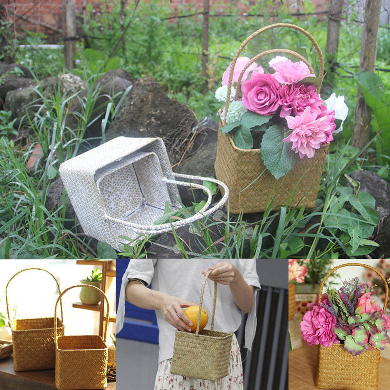 Woven Seagrass Tote Organizer Handle Bag Garden Flower Handmade Plant Pot Plant Baskets Storage Box
