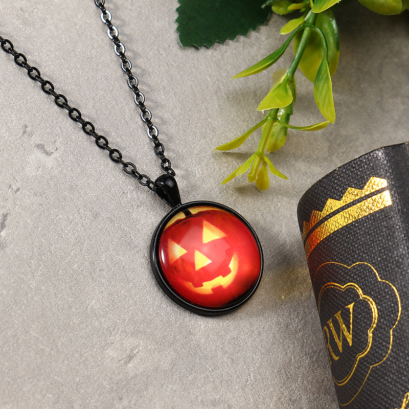 Halloween Pumpkin Witch Necklacee Cute Chain Time Gem Glass Pendant Necklacee