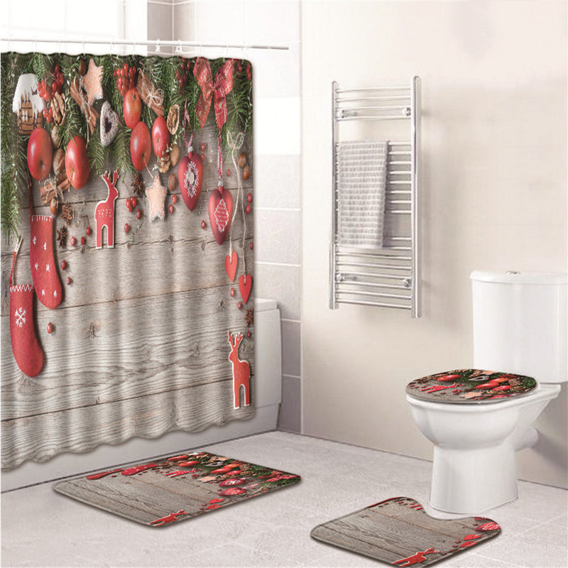3PCS Bathroom Bath Mat Set Toilet Seat Cover Waterproof Bathroom Shower Curtain Chrismas Print