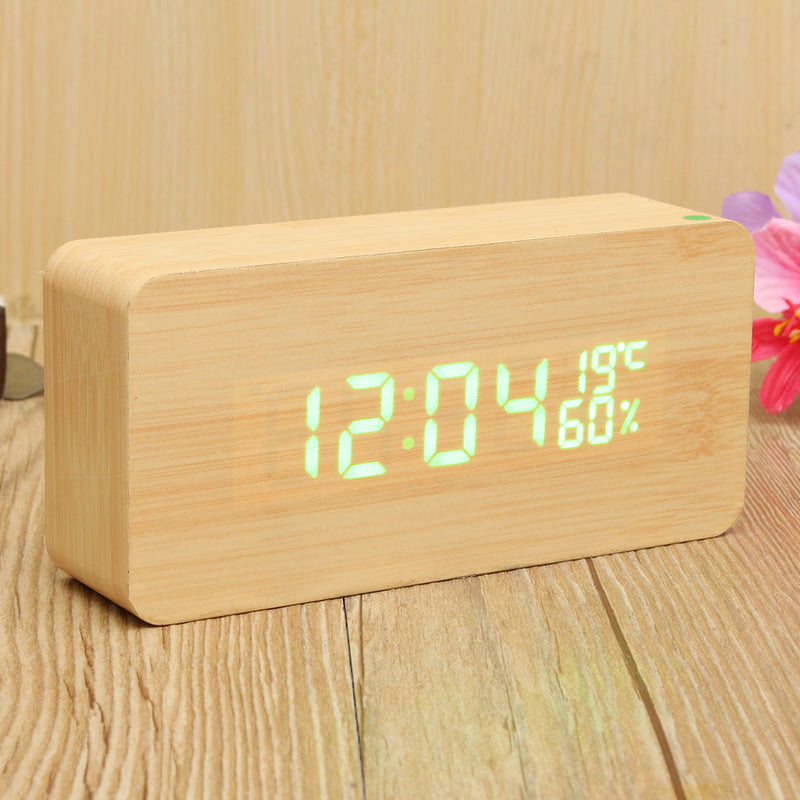 USB Voice Control Wooden Wooden Rectangle Temperature LED Digital Alarm Clock Humidity Thermometer