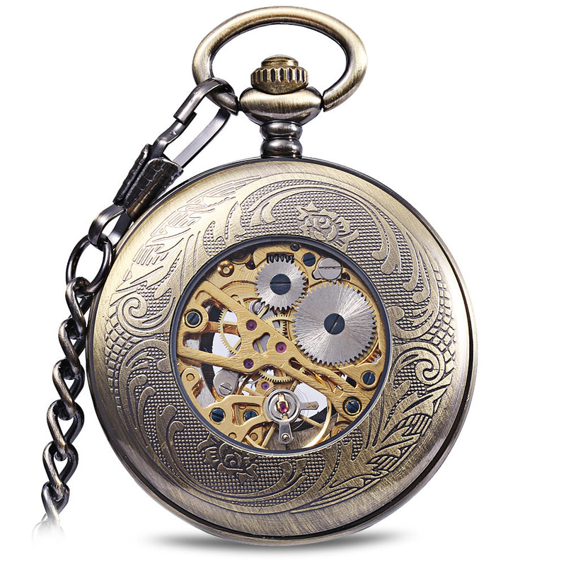 JIJIA JX009 Carved Flower Cover Hollow Cover Alloy Bronze Mechanical Pocket Watch