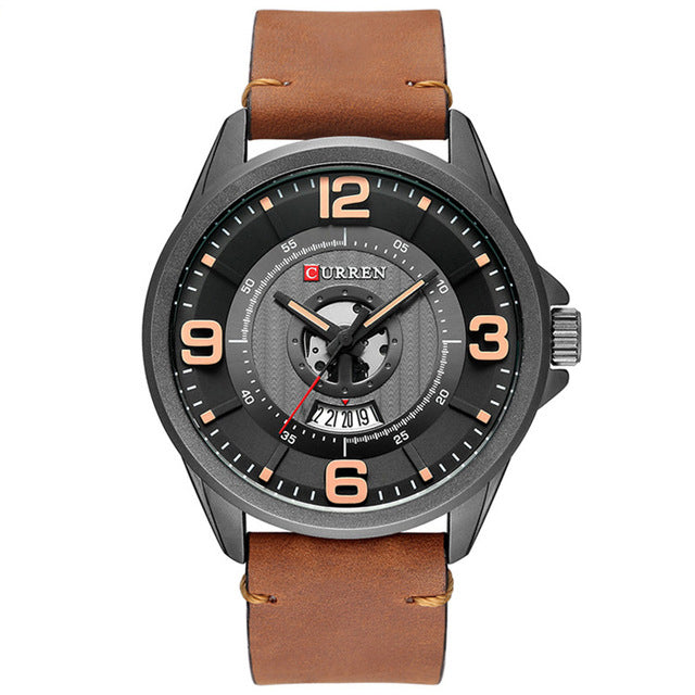 CURREN 8305 3D Number Design Men Wrist Watch Date Display Leather Strap Quartz Watch