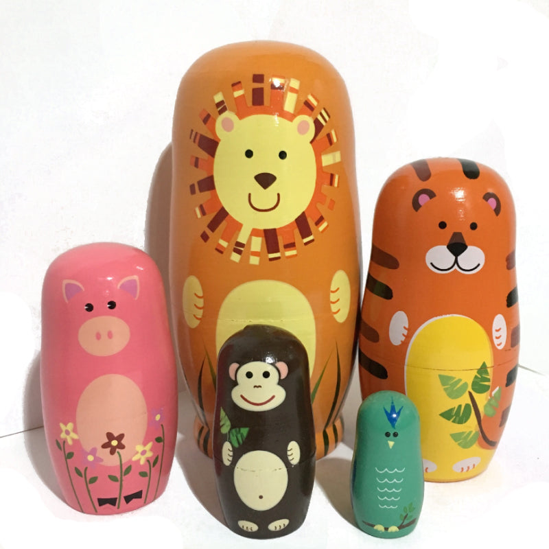 5Pcs/Set Russian Nesting Dolls Wooden Handmade Painting Animals Matryoshka Dolls Decorations