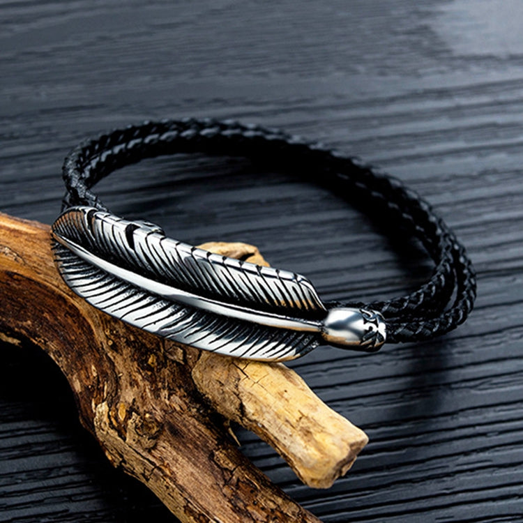 Titanium Steel Men's Feather Multi-layer Stainless Steel Braided Leather Bracelet