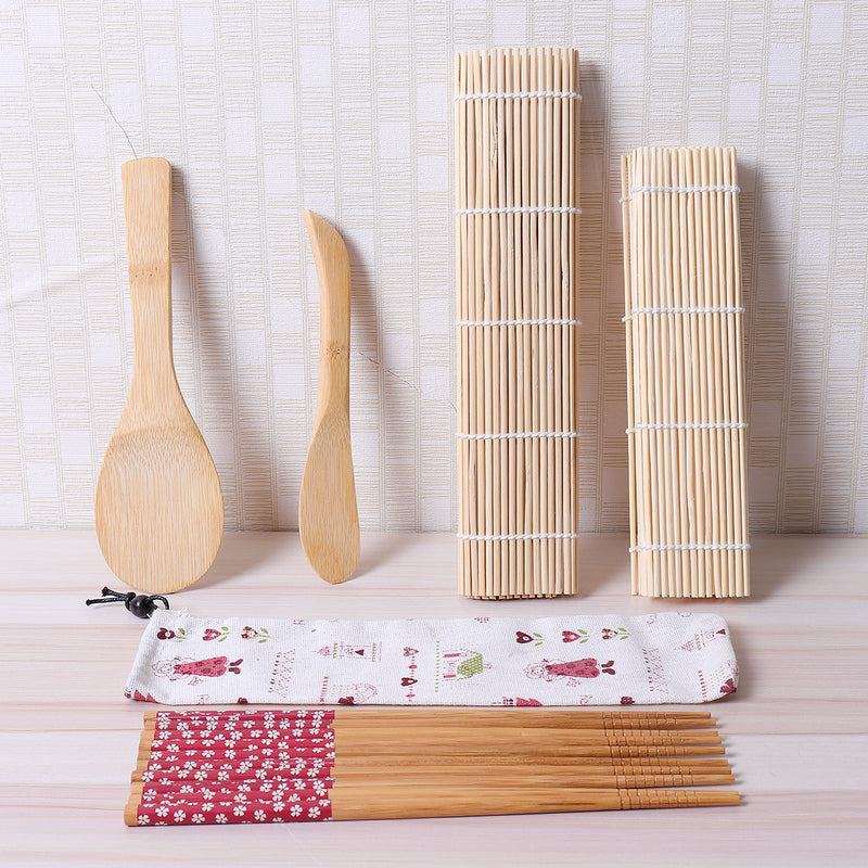 DIY Bamboo Sushi Making Kit 2 Rolling Mats 5 Pairs Chopsticks Rice Spreader Baking Mat