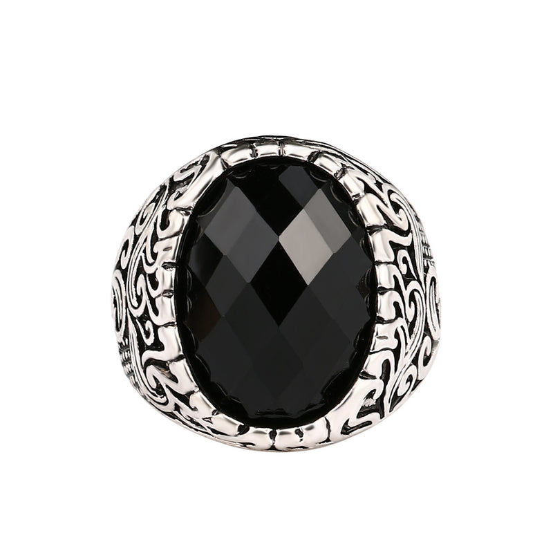 Retro Classic Black Gem Jewelry Exquisite Carved Totem Geometry Men Ring