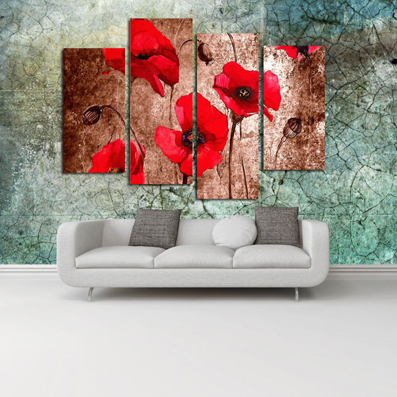 Miico Hand Painted Four Combination Decorative Paintings Red Flowers Wall Art For Home Decoration