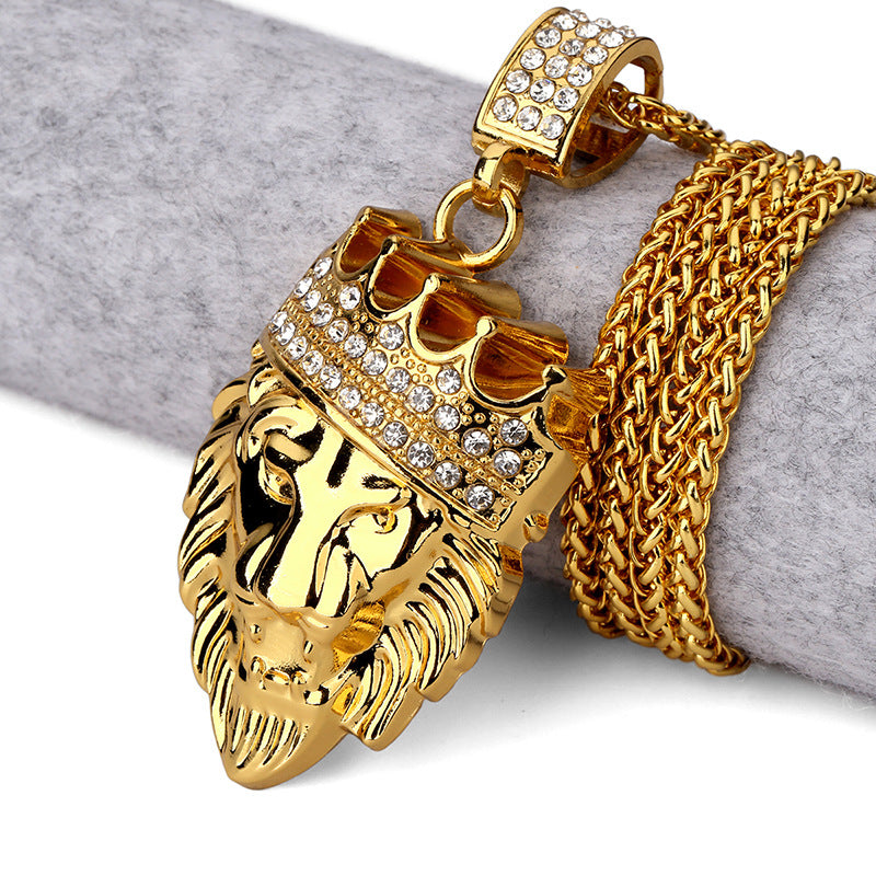 Hip Hop Fashion Gold Chain King Crown Lion Head Pendant Necklace for Men