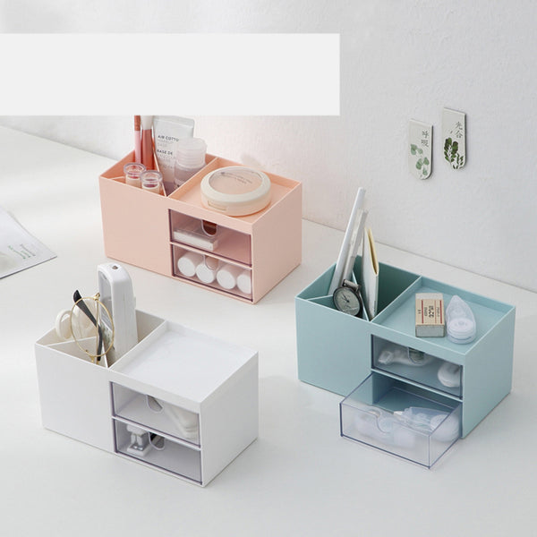 Desktop Storage Box Pen Holder with 2 Drawers Stationery Cosmetics Makeup Brushes Holder Sundries Organizer Office Home School Supplies