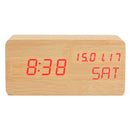 Wooden LED Digital Alarm Clock Dual Voice Control Calendar Thermometer