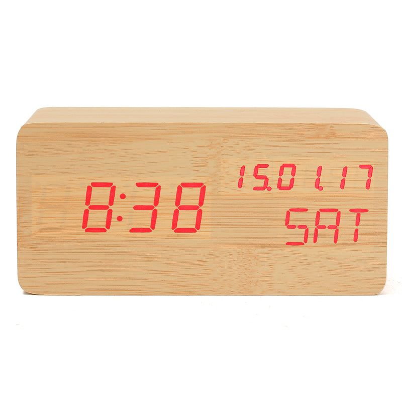 Wooden LED Digital Alarm Clock Dual Voice Control Calendar Thermometer